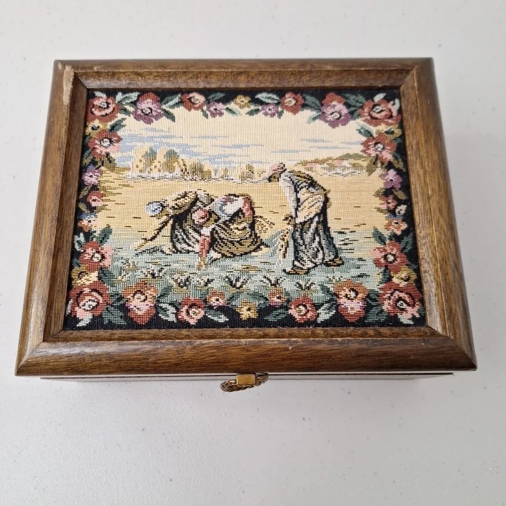 Vintage Tapestry Jewelry Box Art Floral Women Working Field Country Farmhouse